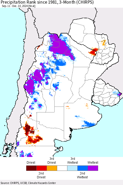 Southern South America Precipitation Rank since 1981, 3-Month (CHIRPS) Thematic Map For 9/11/2024 - 12/10/2024