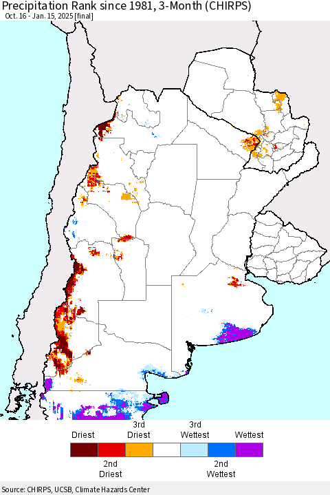 Southern South America Precipitation Rank since 1981, 3-Month (CHIRPS) Thematic Map For 10/16/2024 - 1/15/2025