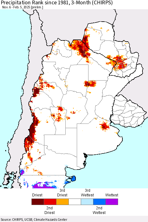 Southern South America Precipitation Rank since 1981, 3-Month (CHIRPS) Thematic Map For 11/6/2024 - 2/5/2025