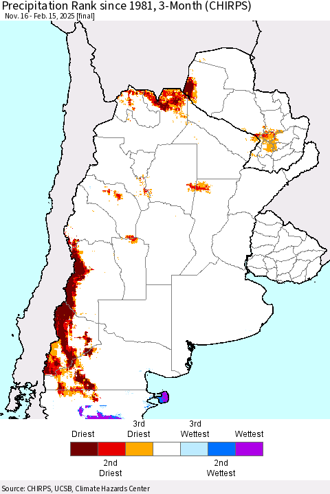Southern South America Precipitation Rank since 1981, 3-Month (CHIRPS) Thematic Map For 11/16/2024 - 2/15/2025