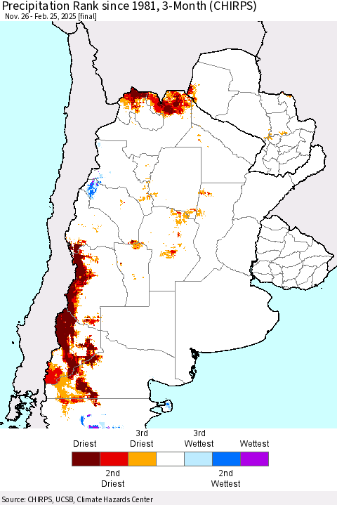 Southern South America Precipitation Rank since 1981, 3-Month (CHIRPS) Thematic Map For 11/26/2024 - 2/25/2025