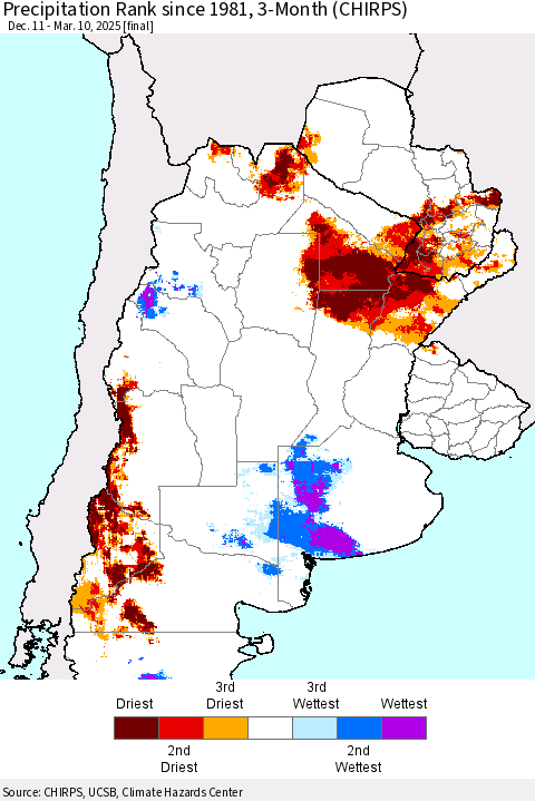 Southern South America Precipitation Rank since 1981, 3-Month (CHIRPS) Thematic Map For 12/11/2024 - 3/10/2025