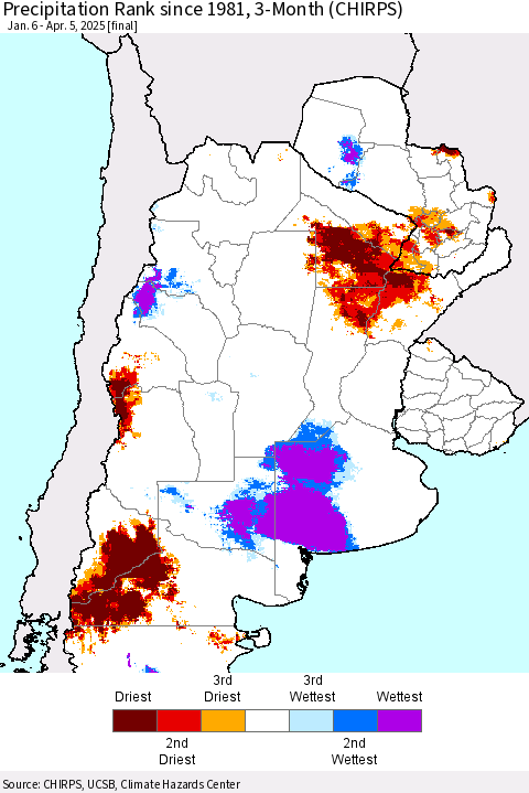 Southern South America Precipitation Rank since 1981, 3-Month (CHIRPS) Thematic Map For 1/6/2025 - 4/5/2025