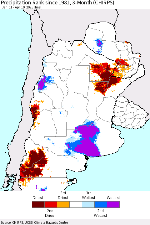 Southern South America Precipitation Rank since 1981, 3-Month (CHIRPS) Thematic Map For 1/11/2025 - 4/10/2025