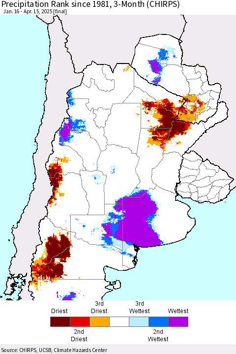 Southern South America Precipitation Rank since 1981, 3-Month (CHIRPS) Thematic Map For 1/16/2025 - 4/15/2025