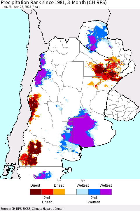 Southern South America Precipitation Rank since 1981, 3-Month (CHIRPS) Thematic Map For 1/26/2025 - 4/25/2025
