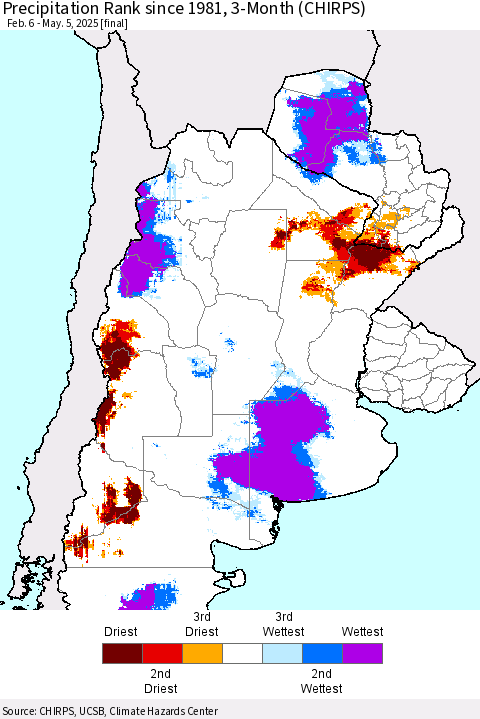 Southern South America Precipitation Rank since 1981, 3-Month (CHIRPS) Thematic Map For 2/6/2025 - 5/5/2025