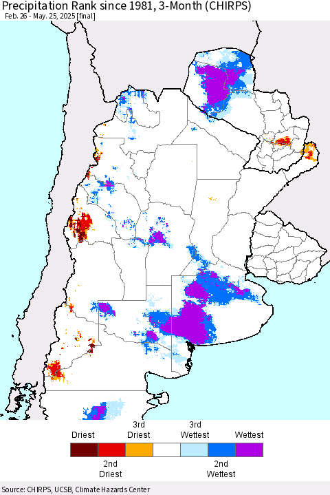 Southern South America Precipitation Rank since 1981, 3-Month (CHIRPS) Thematic Map For 2/26/2025 - 5/25/2025