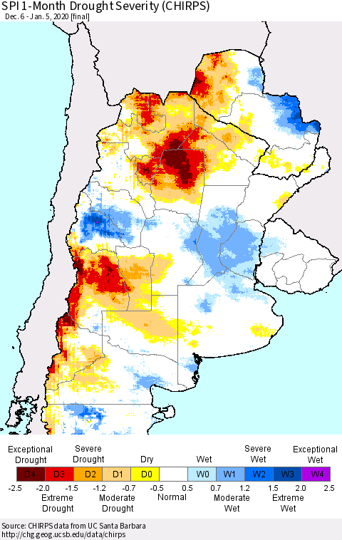 Southern South America SPI 1-Month Drought Severity (CHIRPS) Thematic Map For 12/6/2019 - 1/5/2020