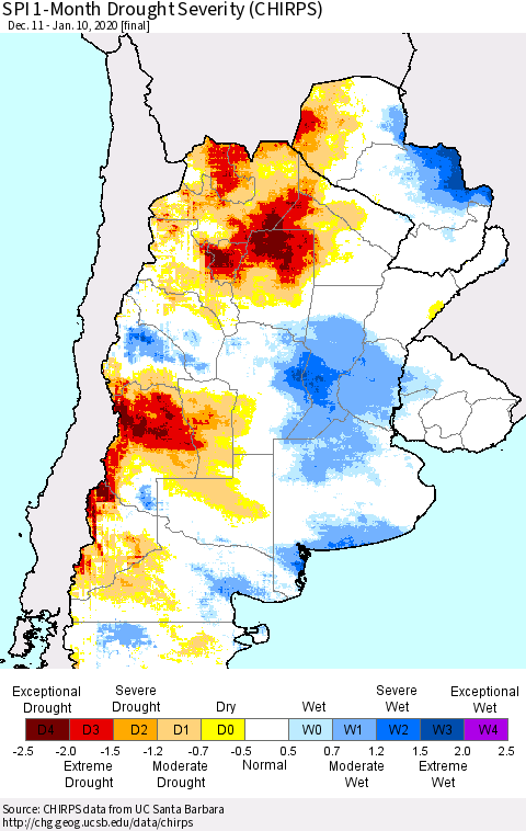 Southern South America SPI 1-Month Drought Severity (CHIRPS) Thematic Map For 12/11/2019 - 1/10/2020