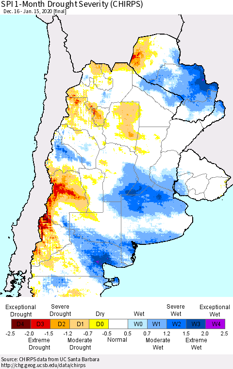 Southern South America SPI 1-Month Drought Severity (CHIRPS) Thematic Map For 12/16/2019 - 1/15/2020