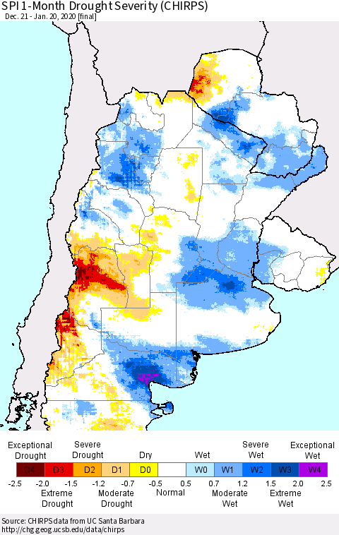 Southern South America SPI 1-Month Drought Severity (CHIRPS) Thematic Map For 12/21/2019 - 1/20/2020
