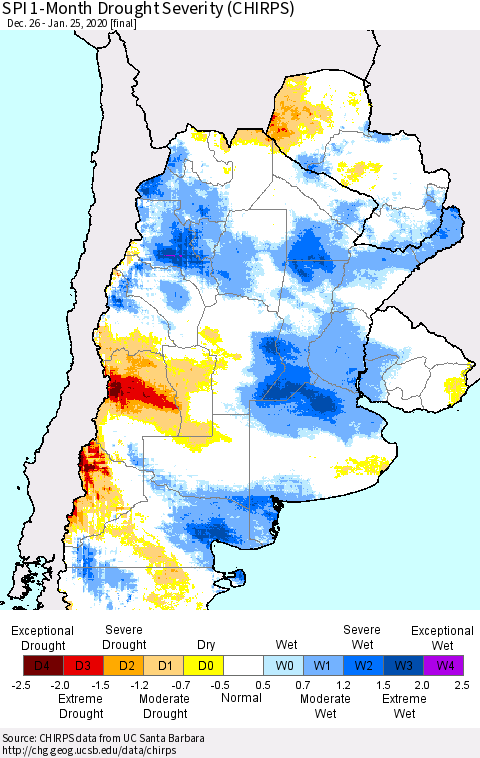 Southern South America SPI 1-Month Drought Severity (CHIRPS) Thematic Map For 12/26/2019 - 1/25/2020