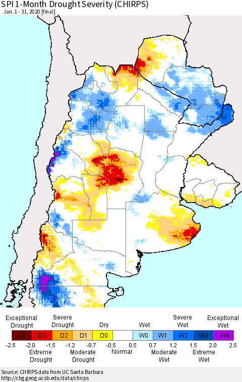 Southern South America SPI 1-Month Drought Severity (CHIRPS) Thematic Map For 1/1/2020 - 1/31/2020
