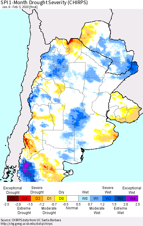 Southern South America SPI 1-Month Drought Severity (CHIRPS) Thematic Map For 1/6/2020 - 2/5/2020