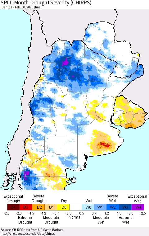 Southern South America SPI 1-Month Drought Severity (CHIRPS) Thematic Map For 1/11/2020 - 2/10/2020