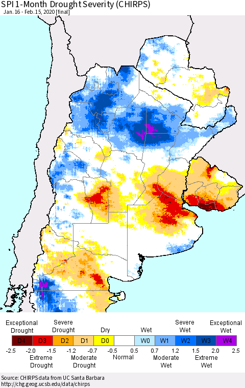 Southern South America SPI 1-Month Drought Severity (CHIRPS) Thematic Map For 1/16/2020 - 2/15/2020