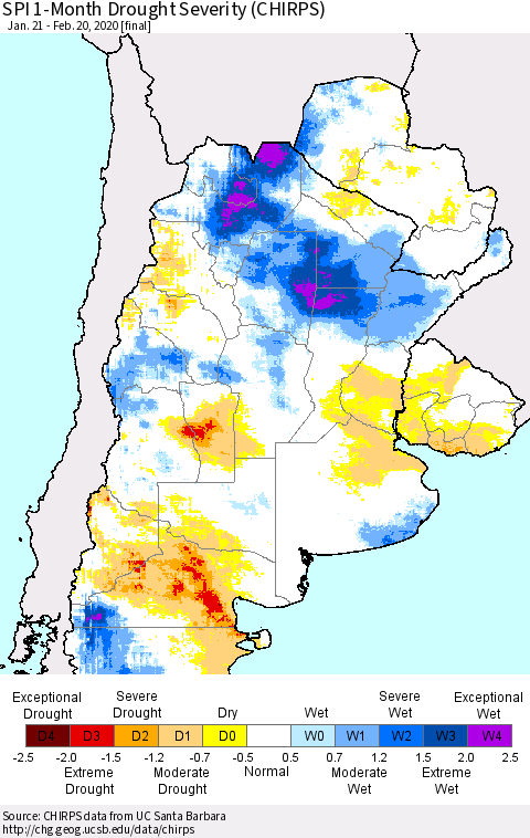 Southern South America SPI 1-Month Drought Severity (CHIRPS) Thematic Map For 1/21/2020 - 2/20/2020