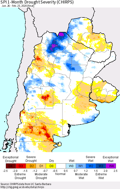 Southern South America SPI 1-Month Drought Severity (CHIRPS) Thematic Map For 1/26/2020 - 2/25/2020