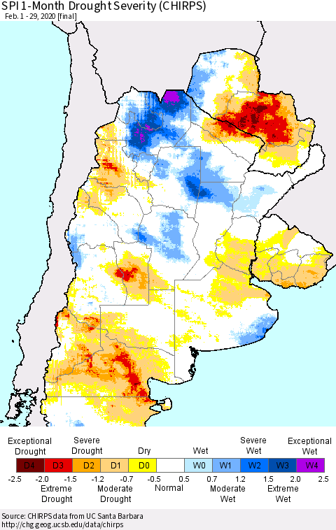 Southern South America SPI 1-Month Drought Severity (CHIRPS) Thematic Map For 2/1/2020 - 2/29/2020