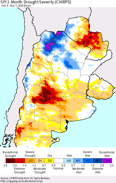 Southern South America SPI 1-Month Drought Severity (CHIRPS) Thematic Map For 2/6/2020 - 3/5/2020