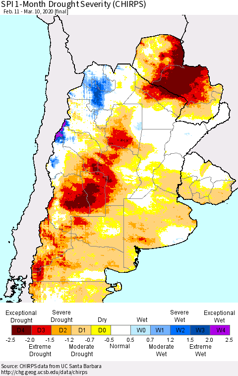 Southern South America SPI 1-Month Drought Severity (CHIRPS) Thematic Map For 2/11/2020 - 3/10/2020