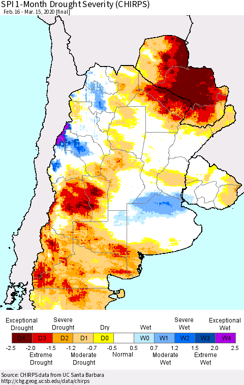 Southern South America SPI 1-Month Drought Severity (CHIRPS) Thematic Map For 2/16/2020 - 3/15/2020