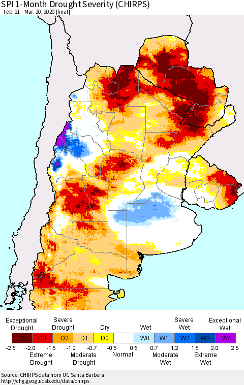 Southern South America SPI 1-Month Drought Severity (CHIRPS) Thematic Map For 2/21/2020 - 3/20/2020