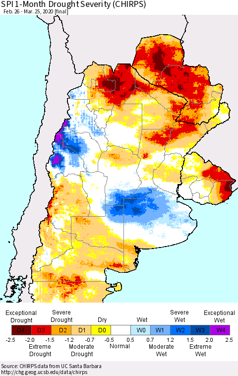 Southern South America SPI 1-Month Drought Severity (CHIRPS) Thematic Map For 2/26/2020 - 3/25/2020