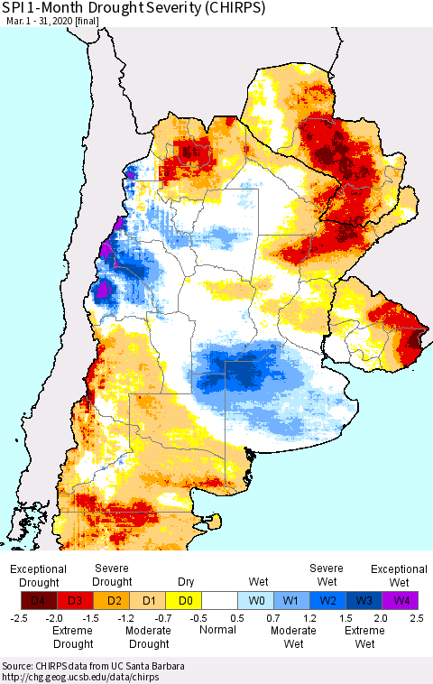 Southern South America SPI 1-Month Drought Severity (CHIRPS) Thematic Map For 3/1/2020 - 3/31/2020