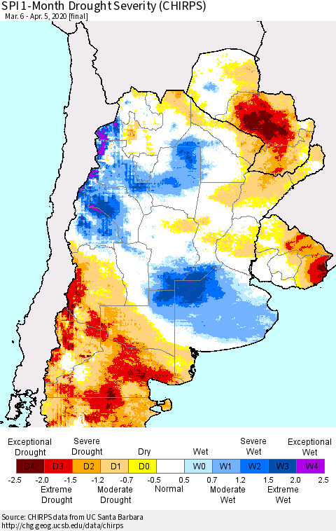 Southern South America SPI 1-Month Drought Severity (CHIRPS) Thematic Map For 3/6/2020 - 4/5/2020