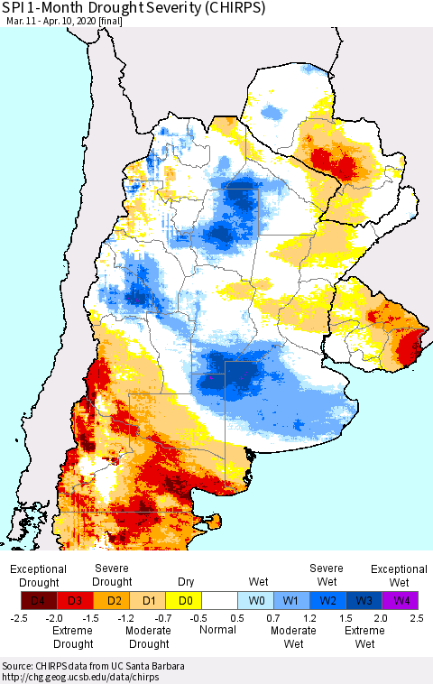 Southern South America SPI 1-Month Drought Severity (CHIRPS) Thematic Map For 3/11/2020 - 4/10/2020
