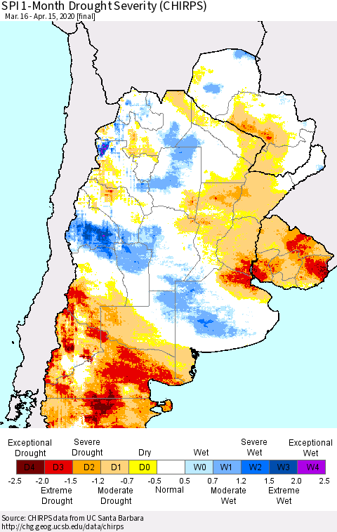 Southern South America SPI 1-Month Drought Severity (CHIRPS) Thematic Map For 3/16/2020 - 4/15/2020