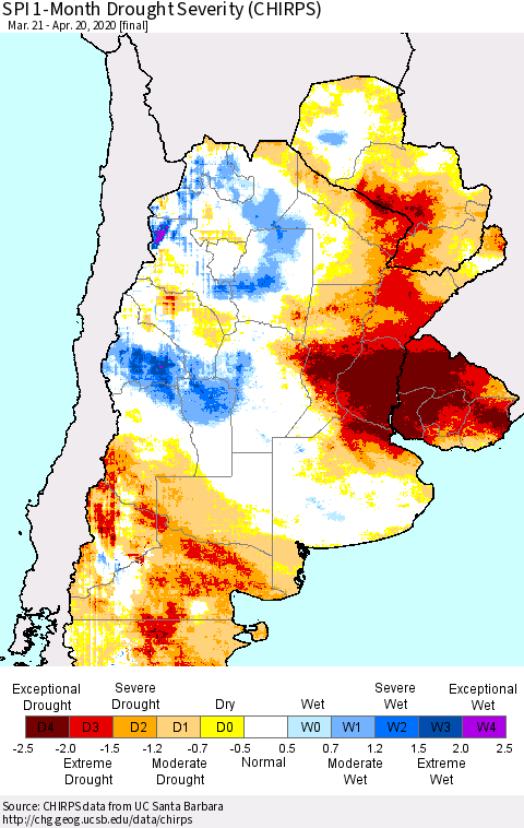 Southern South America SPI 1-Month Drought Severity (CHIRPS) Thematic Map For 3/21/2020 - 4/20/2020