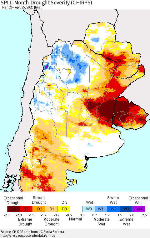 Southern South America SPI 1-Month Drought Severity (CHIRPS) Thematic Map For 3/26/2020 - 4/25/2020