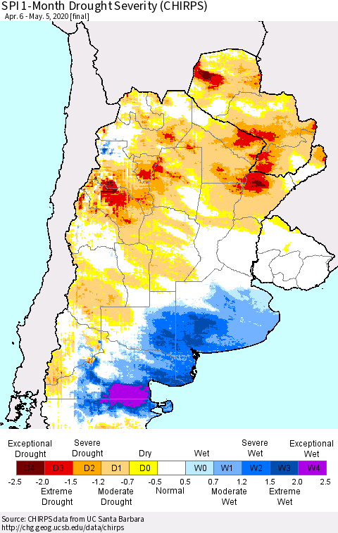 Southern South America SPI 1-Month Drought Severity (CHIRPS) Thematic Map For 4/6/2020 - 5/5/2020