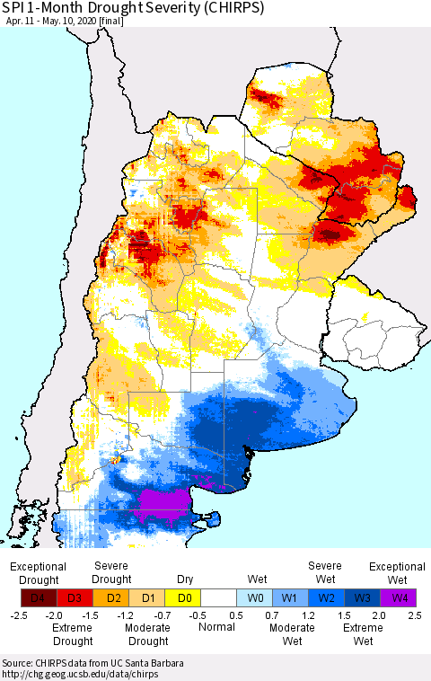 Southern South America SPI 1-Month Drought Severity (CHIRPS) Thematic Map For 4/11/2020 - 5/10/2020