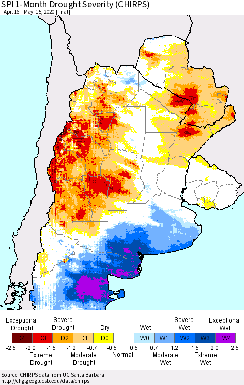Southern South America SPI 1-Month Drought Severity (CHIRPS) Thematic Map For 4/16/2020 - 5/15/2020