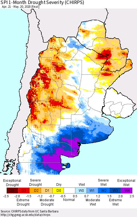 Southern South America SPI 1-Month Drought Severity (CHIRPS) Thematic Map For 4/21/2020 - 5/20/2020