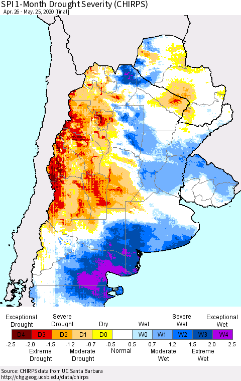 Southern South America SPI 1-Month Drought Severity (CHIRPS) Thematic Map For 4/26/2020 - 5/25/2020