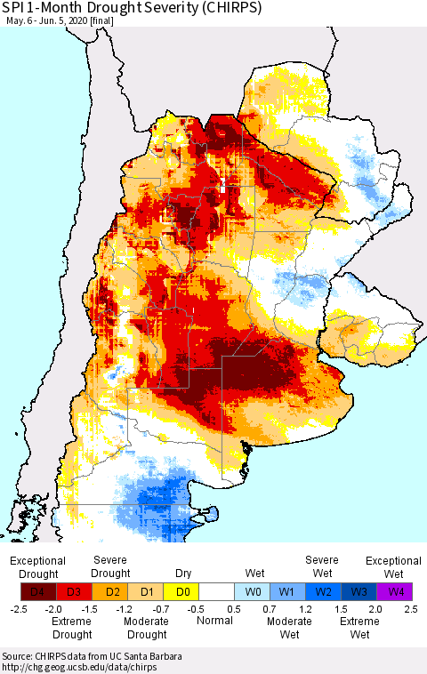 Southern South America SPI 1-Month Drought Severity (CHIRPS) Thematic Map For 5/6/2020 - 6/5/2020