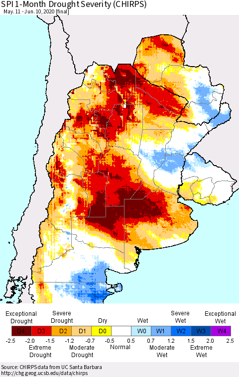 Southern South America SPI 1-Month Drought Severity (CHIRPS) Thematic Map For 5/11/2020 - 6/10/2020