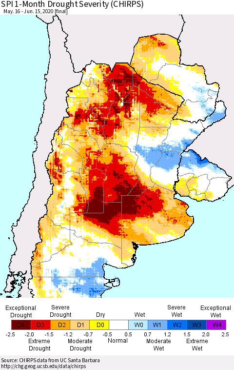 Southern South America SPI 1-Month Drought Severity (CHIRPS) Thematic Map For 5/16/2020 - 6/15/2020