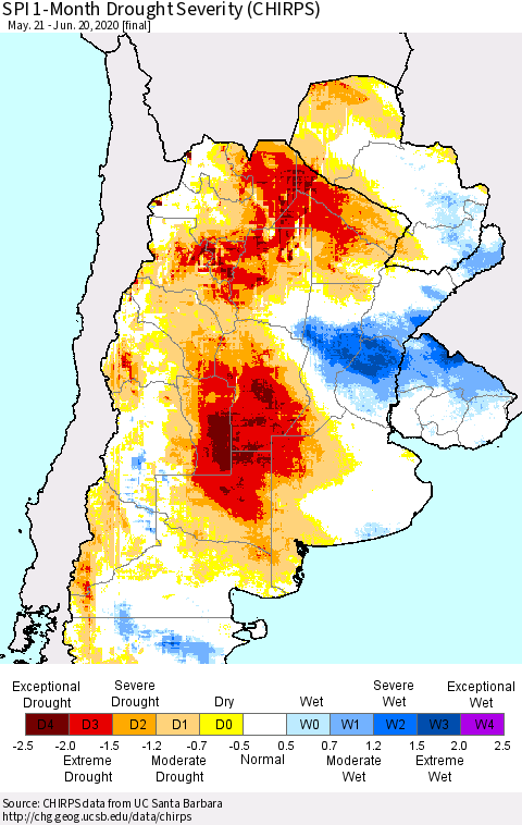 Southern South America SPI 1-Month Drought Severity (CHIRPS) Thematic Map For 5/21/2020 - 6/20/2020