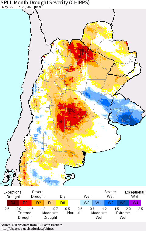 Southern South America SPI 1-Month Drought Severity (CHIRPS) Thematic Map For 5/26/2020 - 6/25/2020