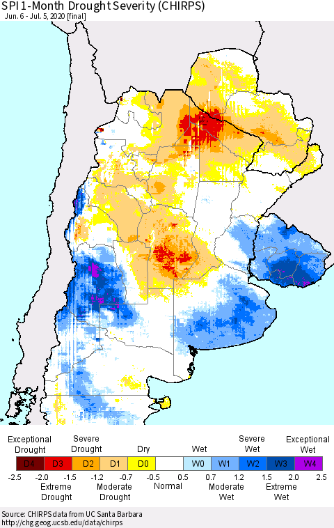 Southern South America SPI 1-Month Drought Severity (CHIRPS) Thematic Map For 6/6/2020 - 7/5/2020