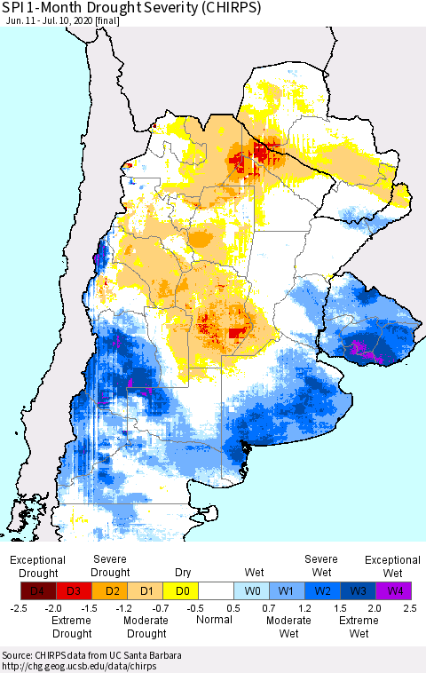 Southern South America SPI 1-Month Drought Severity (CHIRPS) Thematic Map For 6/11/2020 - 7/10/2020