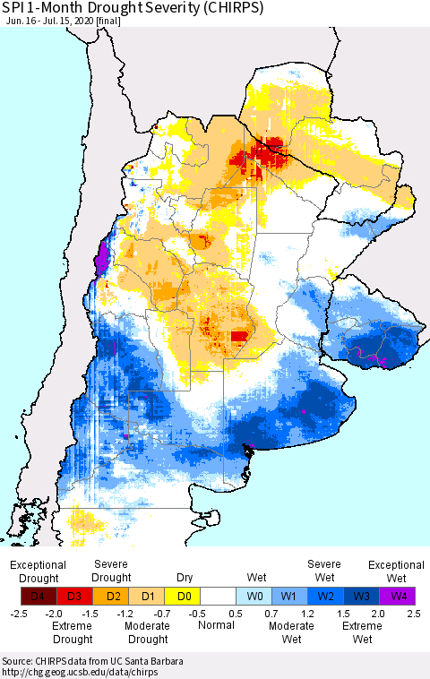Southern South America SPI 1-Month Drought Severity (CHIRPS) Thematic Map For 6/16/2020 - 7/15/2020