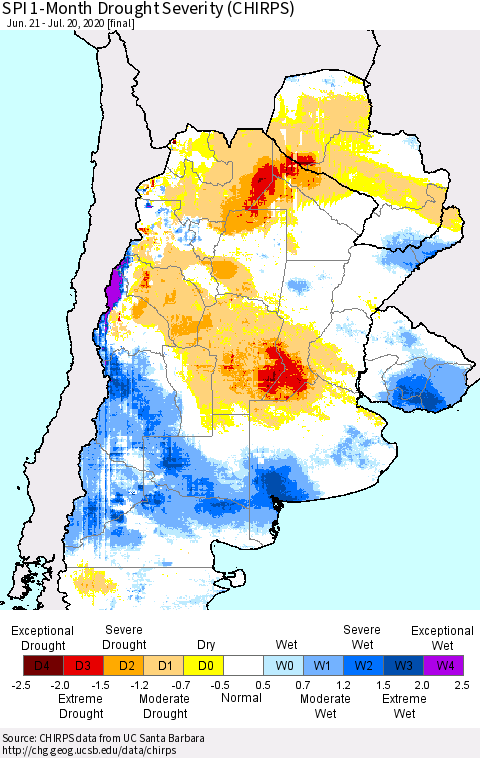 Southern South America SPI 1-Month Drought Severity (CHIRPS) Thematic Map For 6/21/2020 - 7/20/2020