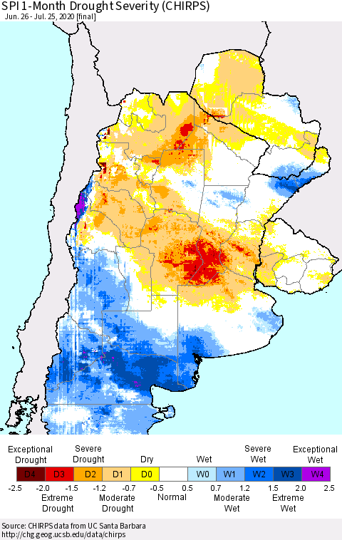 Southern South America SPI 1-Month Drought Severity (CHIRPS) Thematic Map For 6/26/2020 - 7/25/2020